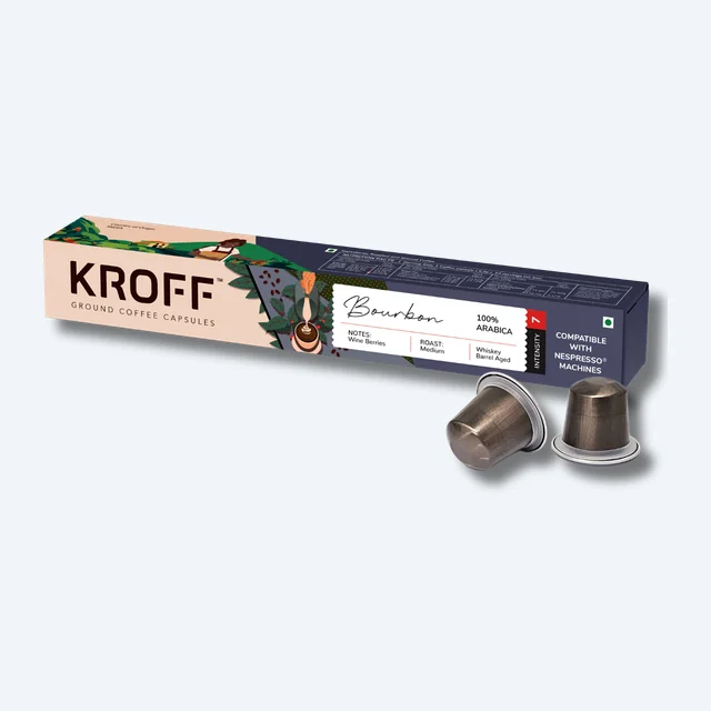 KROFF Bourbon Coffee Capsules | Arabica Medium Roast | Whiskey Barrel Aged | Winy Berry Fruity Taste Notes | 10 Pods Per Box | Nespresso Compatible Coffee Pods