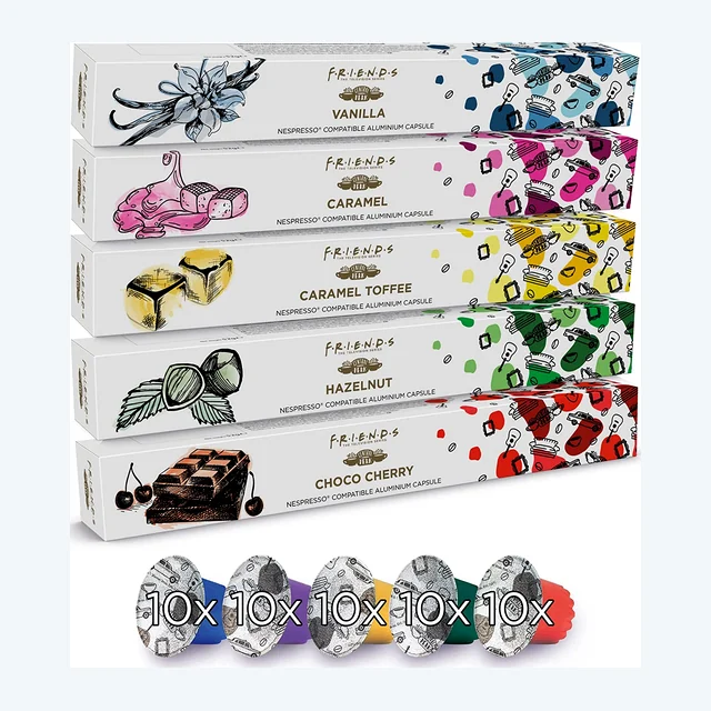 F.R.I.E.N.D.S 50 Flavoured Coffee Pods - Nespresso Compatible Capsules, Aluminium Coffee Pods - Vanilla Pods, Caramel Pods, Cherry, Toffee, Hazelnut (5x10 Capsules)